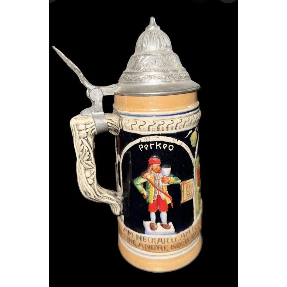 VINTAGE KING HEIDELBERG PERKEO LIDDED POTTERY BEER STEIN GERMANY 1950’s 9in